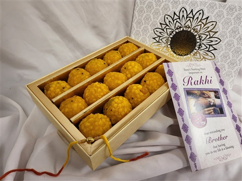 Rakhi 15 piece Bundi Ladoo White & Gold Grey Gift Box