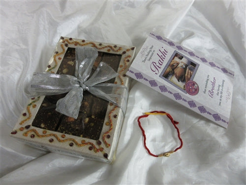 Rakhi 1.25lb Sugarfree Barfi White Kundan Gift Box