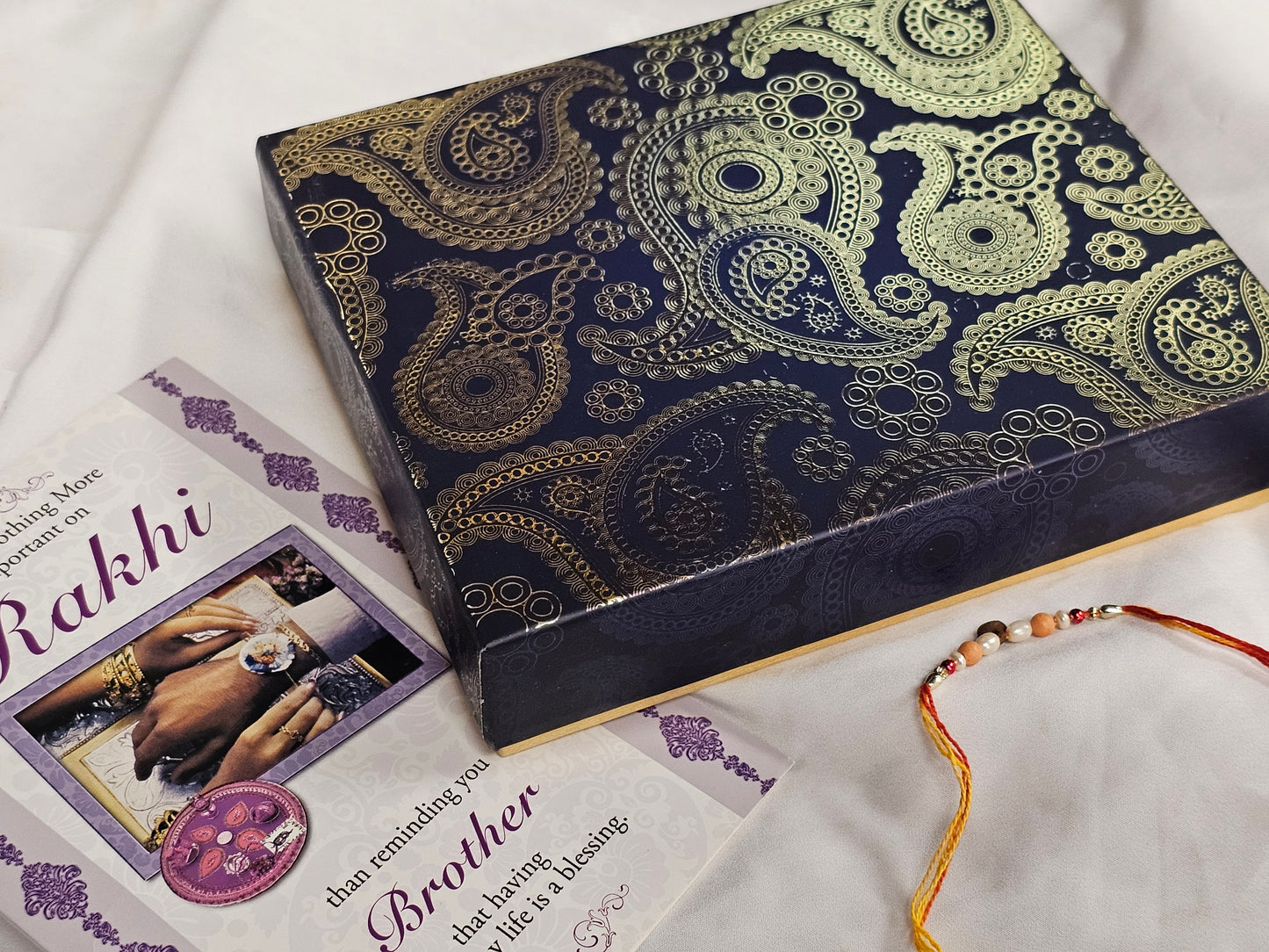 Rakhi 1LB  Blue & Gold  Paisley Gift Box